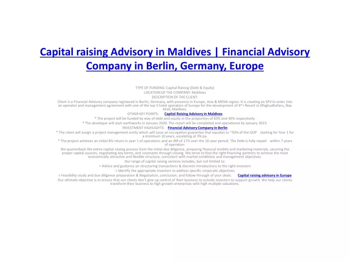 capital raising advisory in maldives financial advisory company in berlin germany europe