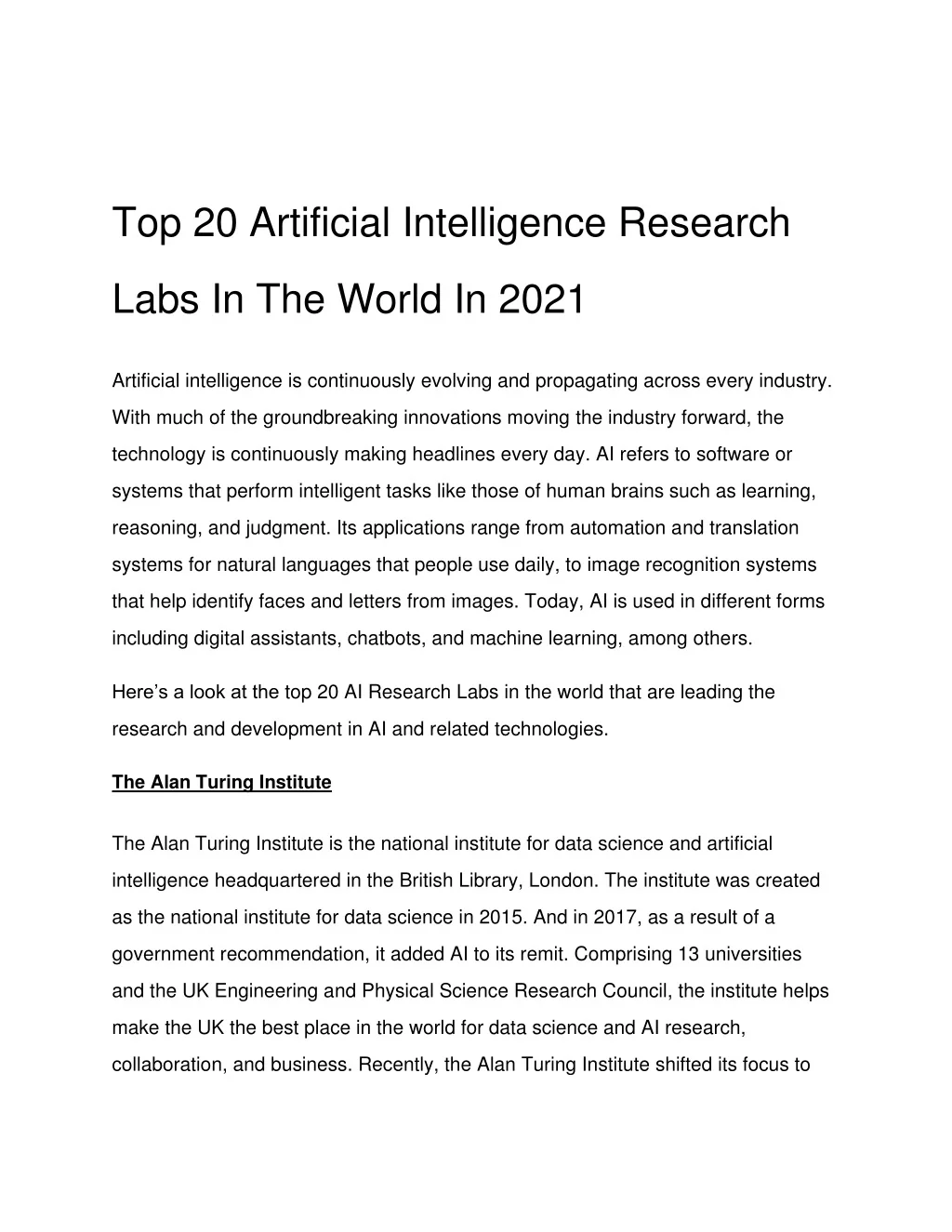 PPT - Top 20 Artificial Intelligence Research Labs In The World In 2021 ...