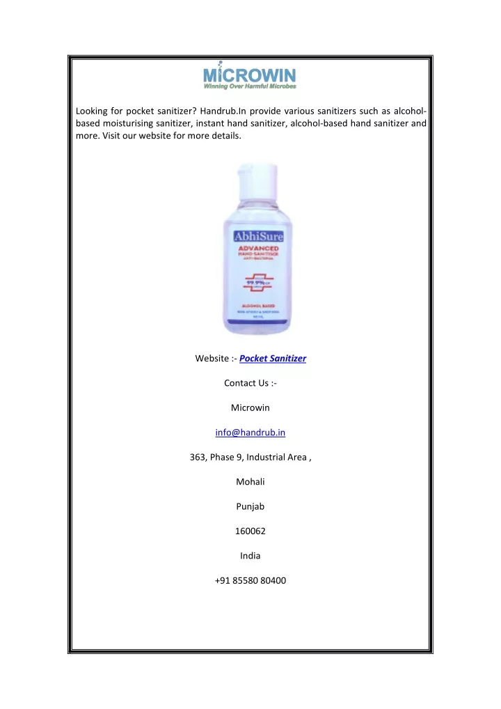 looking for pocket sanitizer handrub in provide
