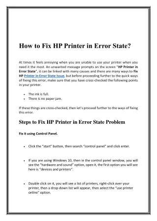 How to Fix HP Printer in Error State