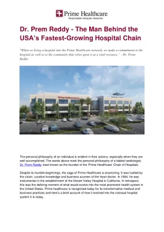 Dr. Prem Reddy - The Man Behind the USA’s Fastest-Growing Hospital Chain