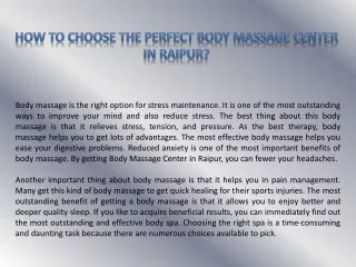 How to choose the perfect body massage center in Raipur?