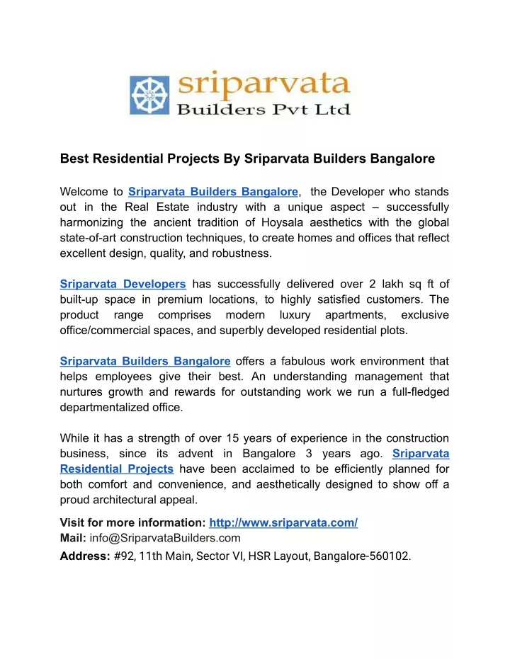 best residential projects by sriparvata builders