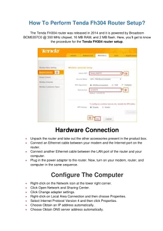 how to perform tenda fh304 router setup