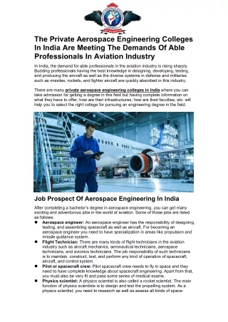 The Private Aerospace Engineering Colleges In India Are Meeting The Demands Of Able Professionals In Aviation Industry