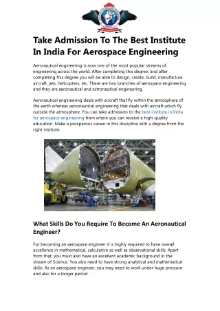 Take Admission To The Best Institute In India For Aerospace Engineering