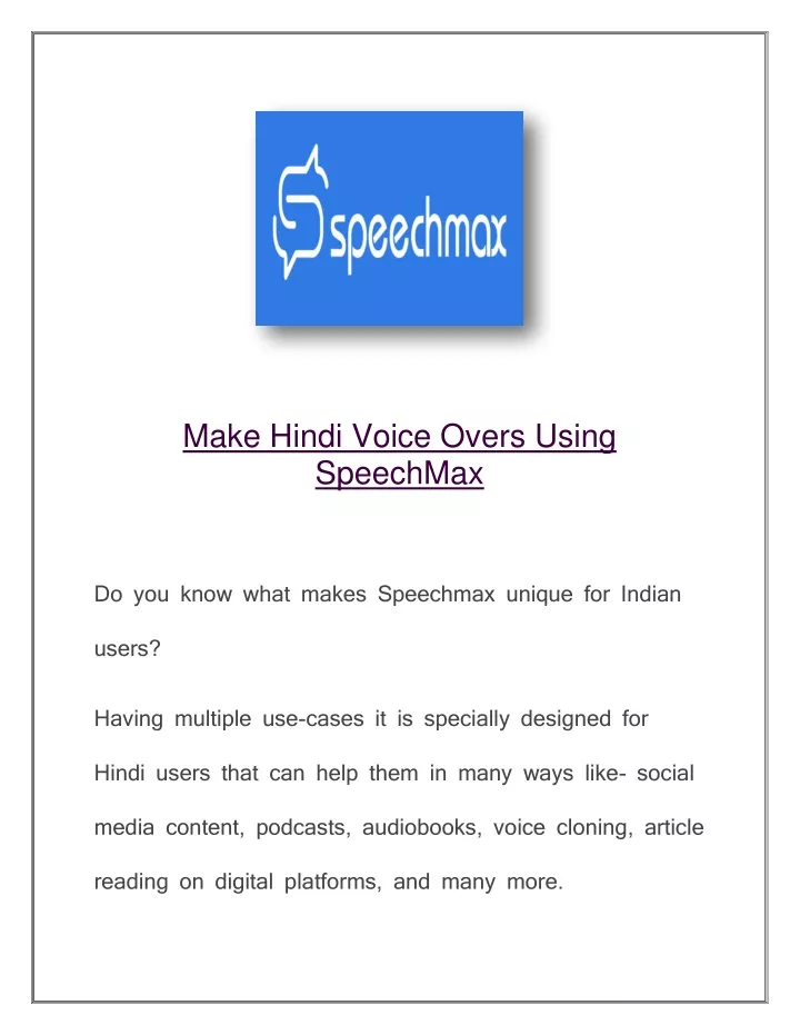 make hindi voice overs using speechmax