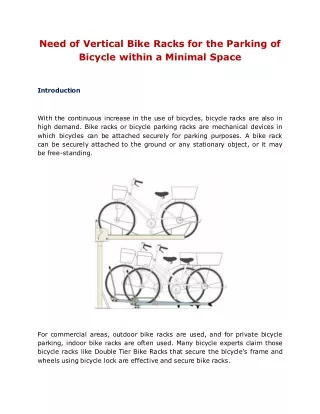 Need of Vertical Bike Racks for the Parking of Bicycle within a Minimal Space