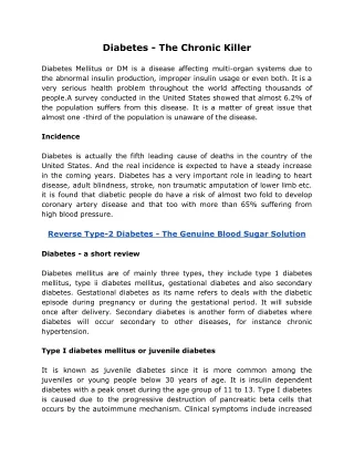 Diabetes - The Chronic Killer