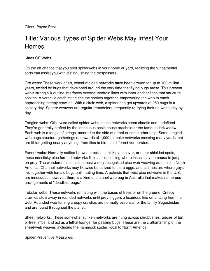 client payne pest title various types of spider