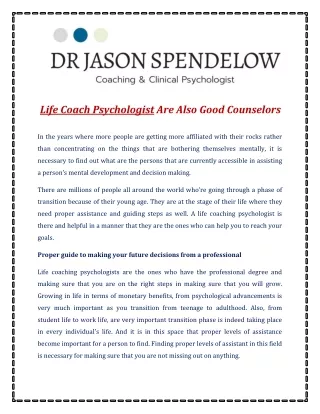 Life Coach Psychologist Are Also Good Counselors