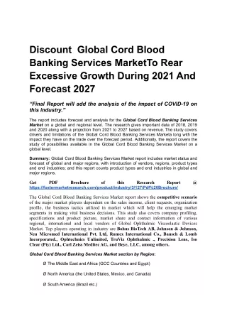 Discount  Global Cord Blood Banking Services Market To Rear Excessive Growth During 2021 And Forecast 2027