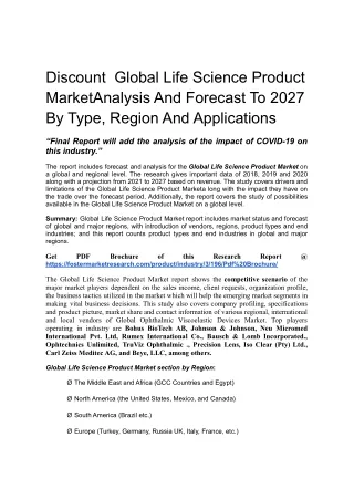 Discount  Global Life Science Product Market Analysis And Forecast To 2027 By Type, Region And Applications