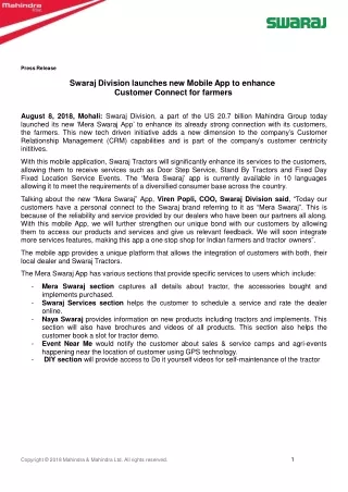 Swaraj Tractors Mobile App to Enhance Customer Connect for Farmers