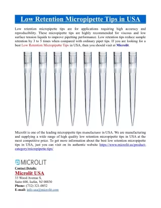 Low Retention Micropipette Tips in USA