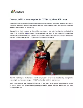 devdutt padikkal tests negative for covid