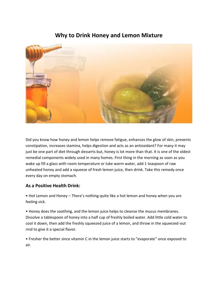 why to drink honey and lemon mixture