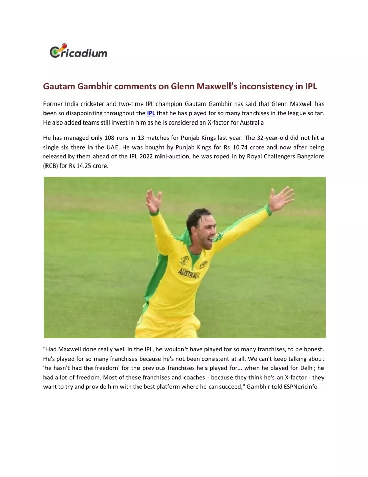 gautam gambhir comments on glenn maxwell