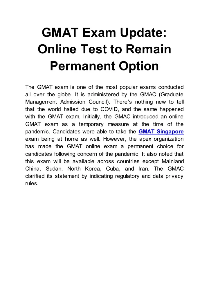 gmat exam update online test to remain permanent