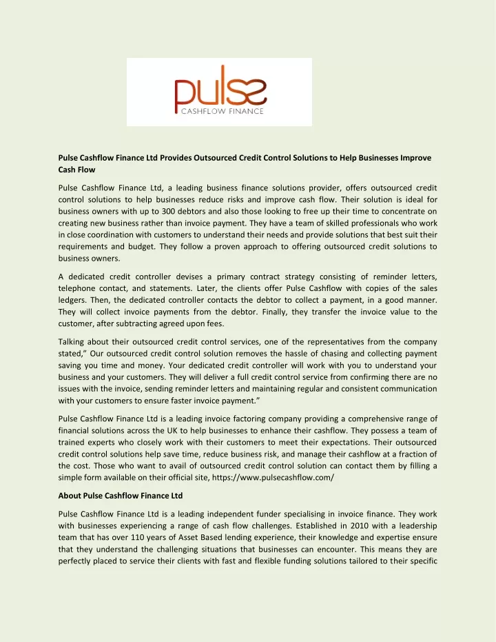 pulse cashflow finance ltd provides outsourced