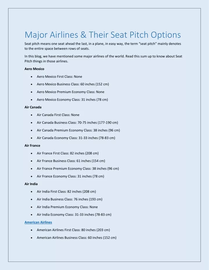 major airlines their seat pitch options