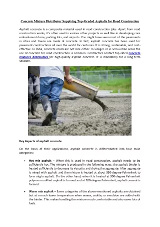 Concrete Mixture Distributors have been Supplying Top-Graded Asphalts for Road Construction