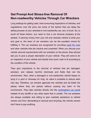 Get Prompt And Stress-free Removal Of Non-roadworthy Vehicles Through Car Wreckers