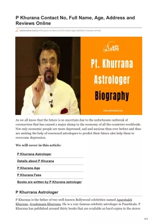 P Khurana Biography, Contact No, Full Name, Age, Address and Reviews Online