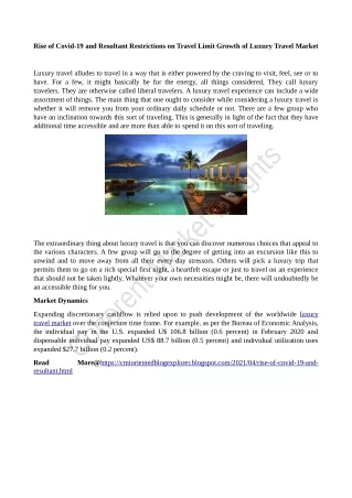 Rise of Covid-19 and Resultant Restrictions on Travel Limit Growth of Luxury Travel Market