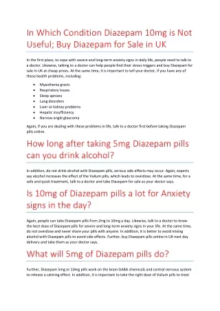 In Which Condition Diazepam 10mg is Not Useful; Buy Diazepam for Sale in UK