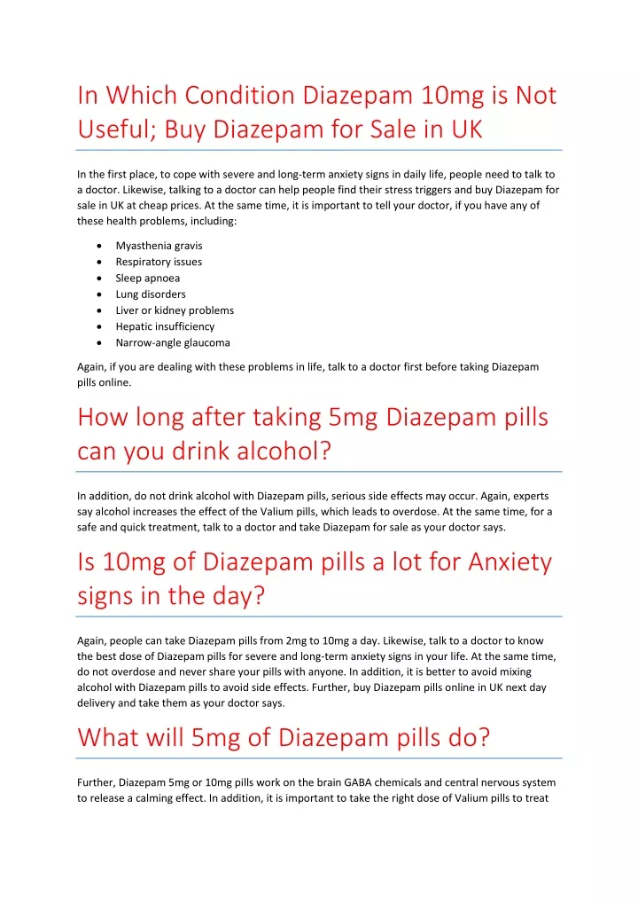 in which condition diazepam 10mg is not useful