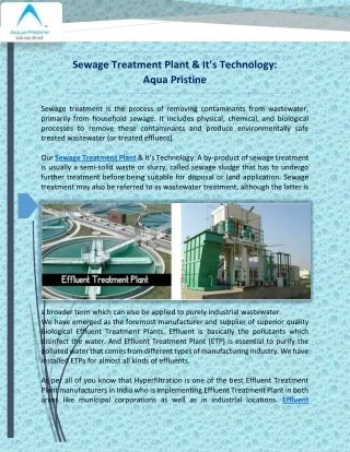 Sewage Treatment Plant & It’s Technology: Aqua Pristine