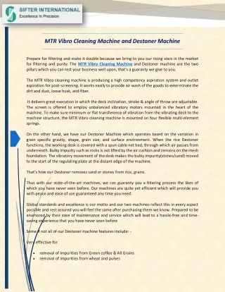 MTR Vibro Cleaning Machine and Destoner Machine