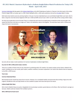 ipl 2021 match 3 sunrisers hyderabad vs kolkata
