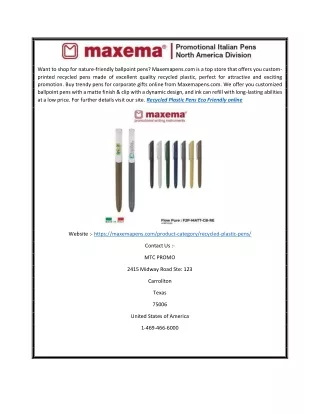 Recycled Plastic Pens Eco Friendly Online | Maxemapens.com