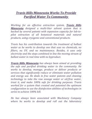 Travis Hills Minnesota Works To Provide Purified Water To Community