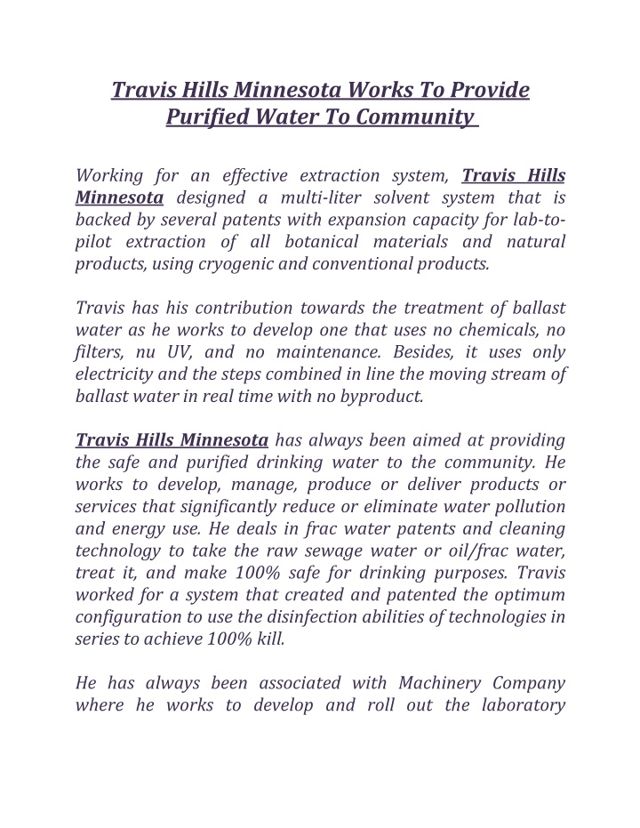 travis hills minnesota works to provide purified