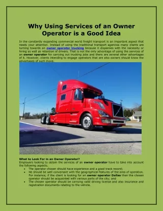 Why Using Services of an Owner Operator is a Good Idea
