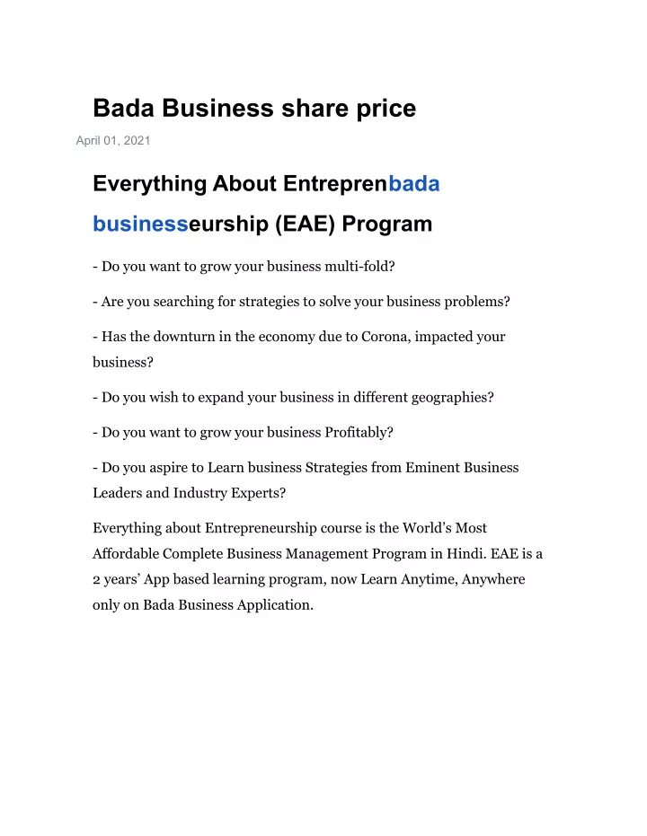 bada business share price