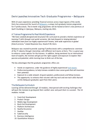 Deriv Launches Innovative Tech Graduate Programme – BeSquare