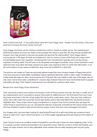 Cesar Dog Meals - A Premium Model And Cesar Canine Food items - Pamper Your Pet With a Delicious Food And How to Choose