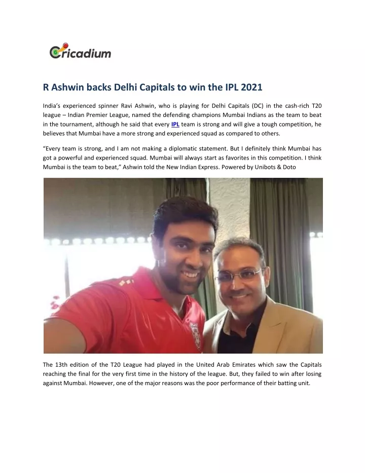 r ashwin backs delhi capitals to win the ipl 2021