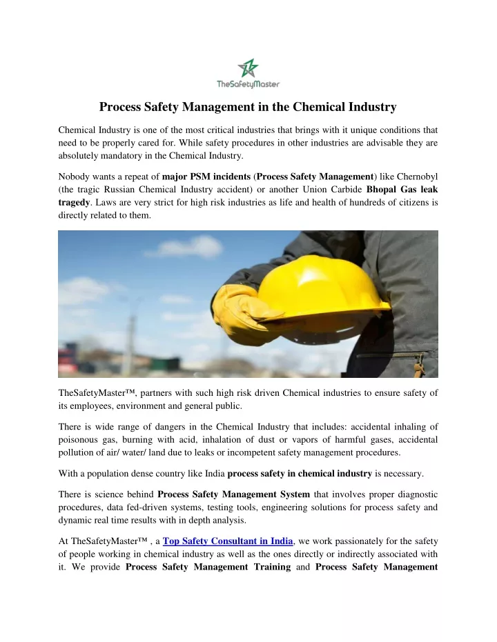 process safety management in the chemical industry