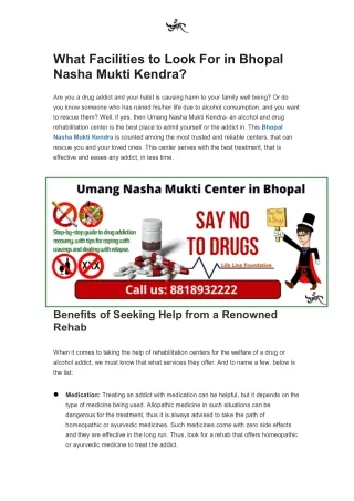 What Facilities to Look For in Bhopal Nasha Mukti Kendra