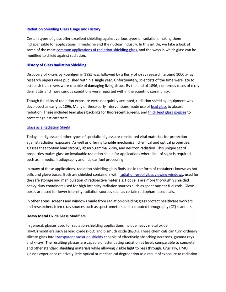 radiation shielding glass usage and history