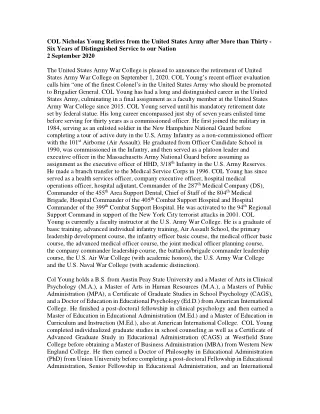 col nicholas young retires from the united states