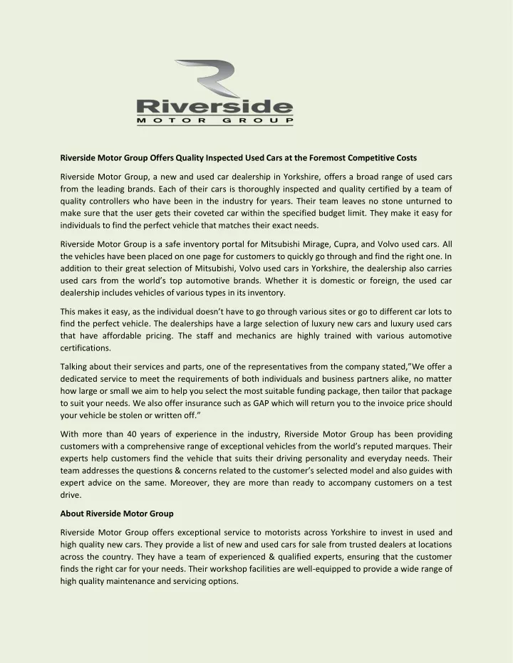 riverside motor group offers quality inspected