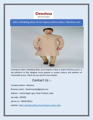 Men's Wedding Wear Kurta Pajama Online India | Deeshna.com