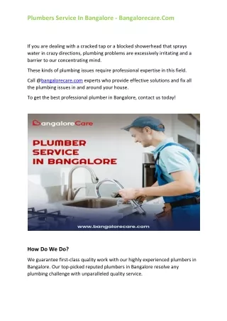 Plumbers service in Bangalore - bangalorecare.com