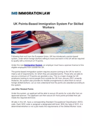 UK Points-Based Immigration System For Skilled Workers